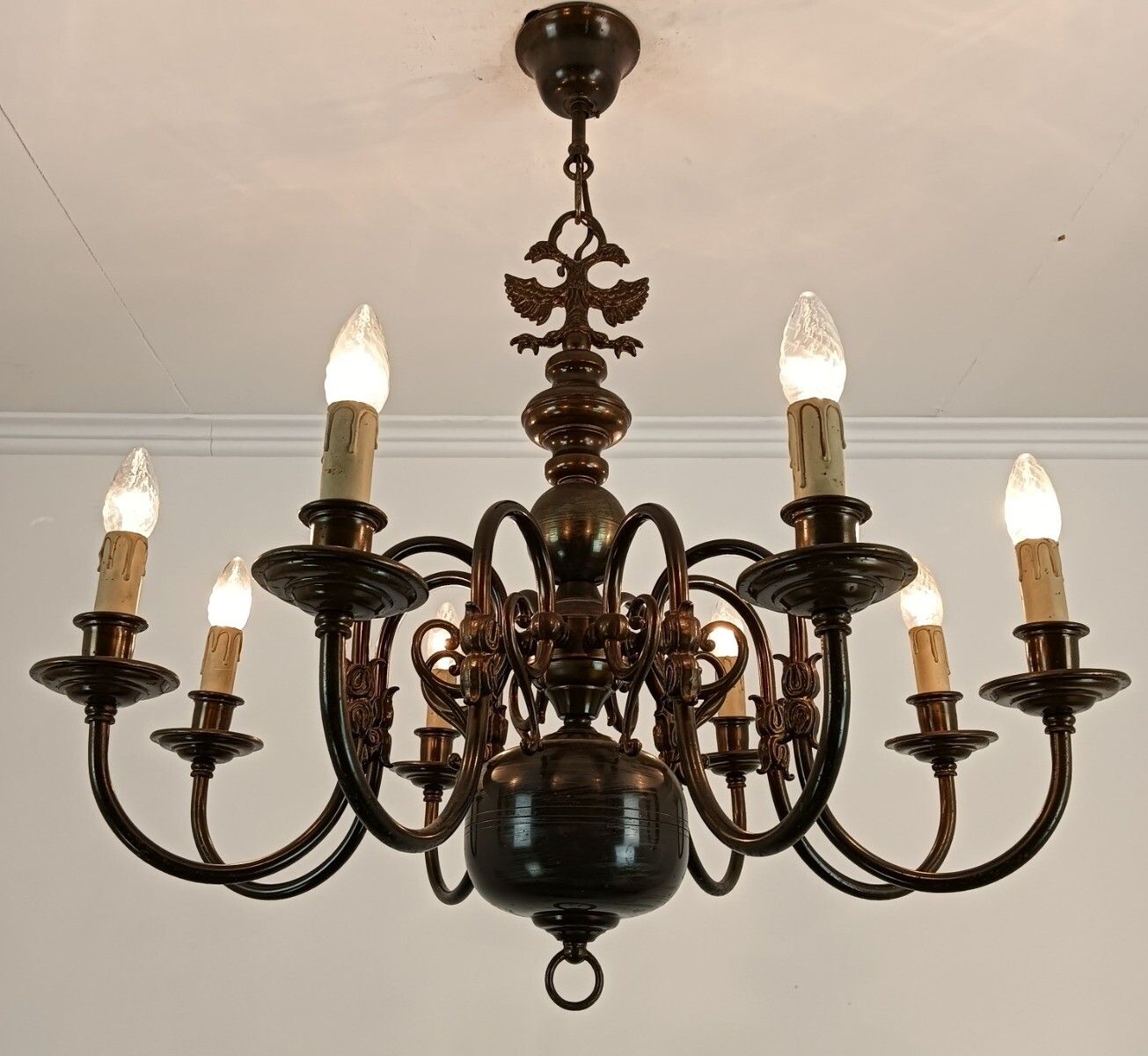 Flemish Dutch Brass Chandelier Eagles 8 Lights Vintage Barn Farmhouse Country St photo for sale