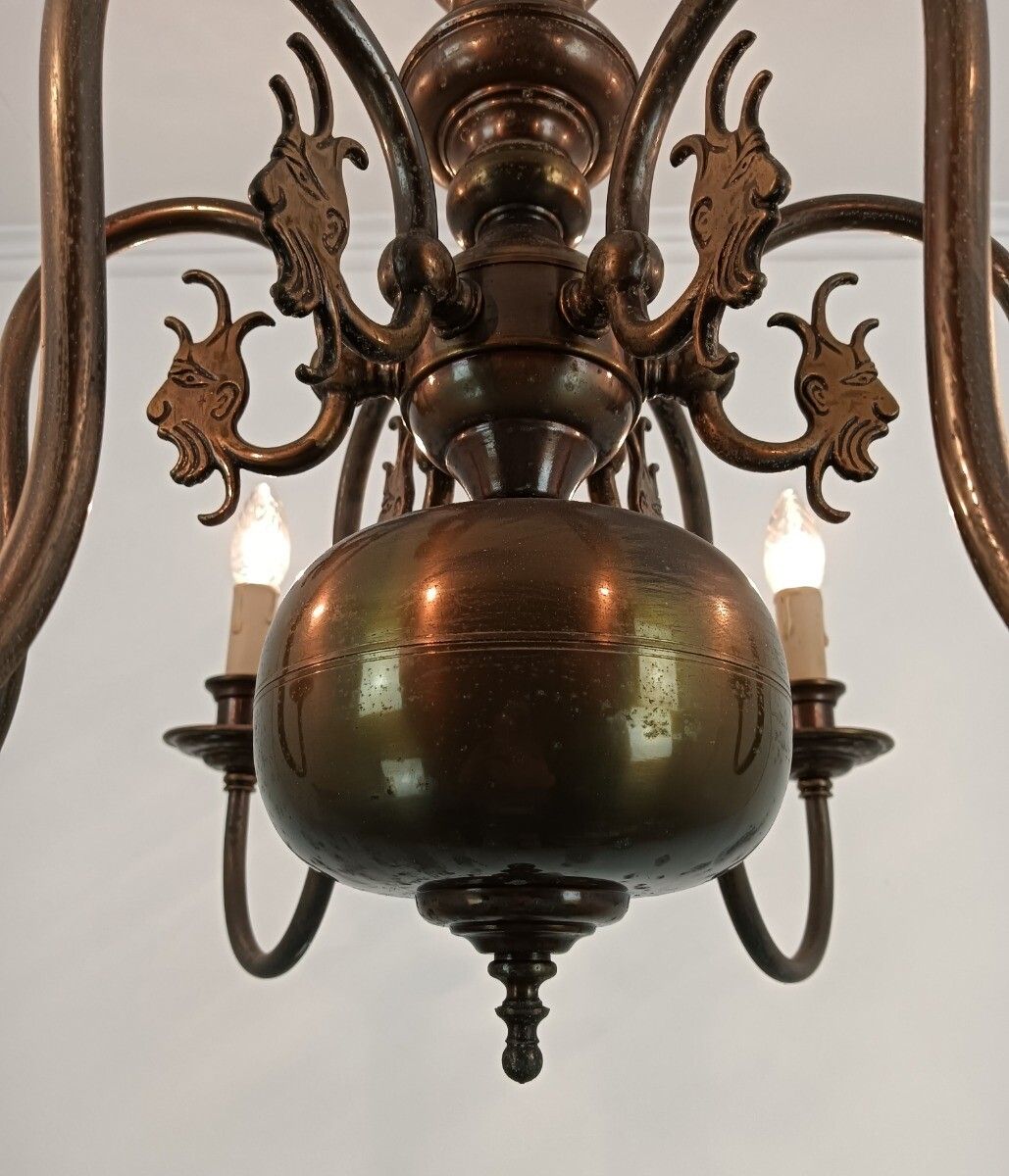 Flemish Dutch Chandelier 6 Arm Lights Brass Eagles Faces  Ornate Barn Farmhouse photo Lighting
