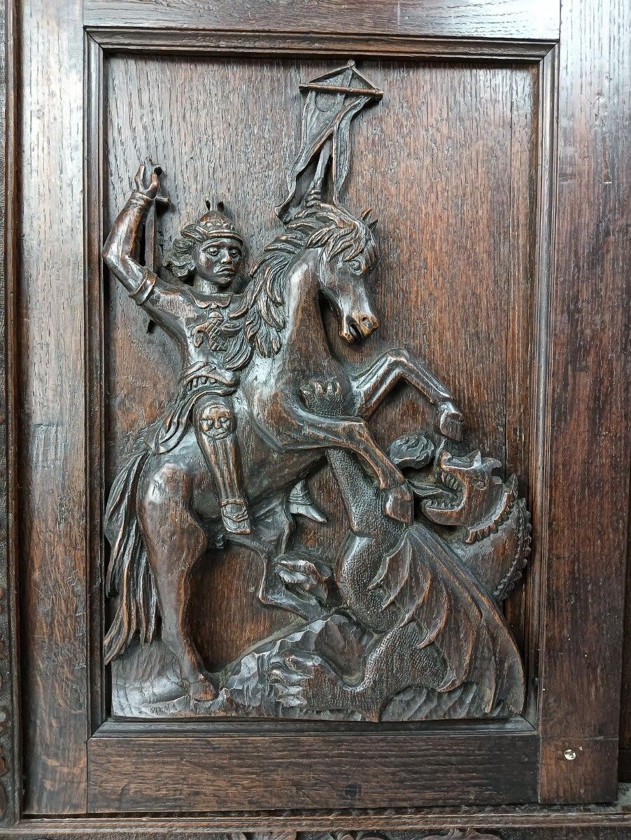 Gothic Antique 18th Century Carved Oak Religious Scenery Saint Dragon Cabinet Wo photo vinterior