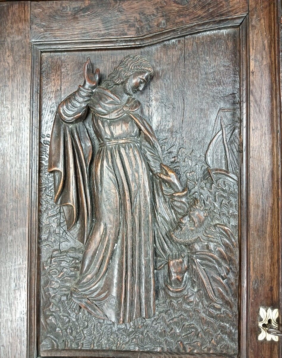 photo for sale Gothic Antique 18th Century Carved Oak Religious Scenery Saint Dragon Cabinet Wo