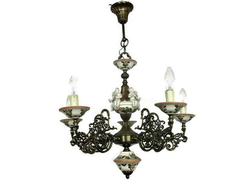 Vintage Capodimonte Style Chandelier 6 Arm Lights Porcelain Putti Cherubs Eros