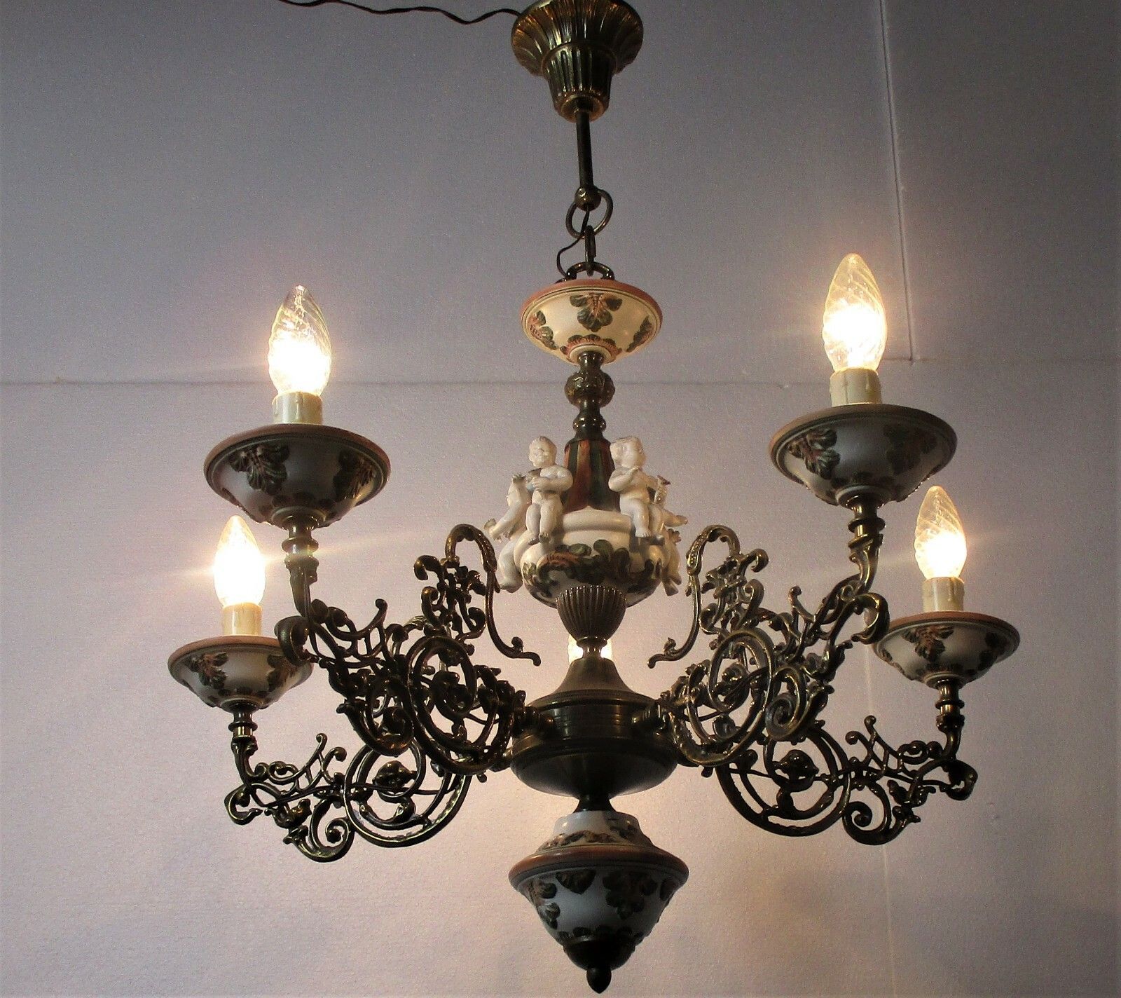 Vintage Capodimonte Style Chandelier 6 Arm Lights Porcelain Putti Cherubs Eros photo vinterior