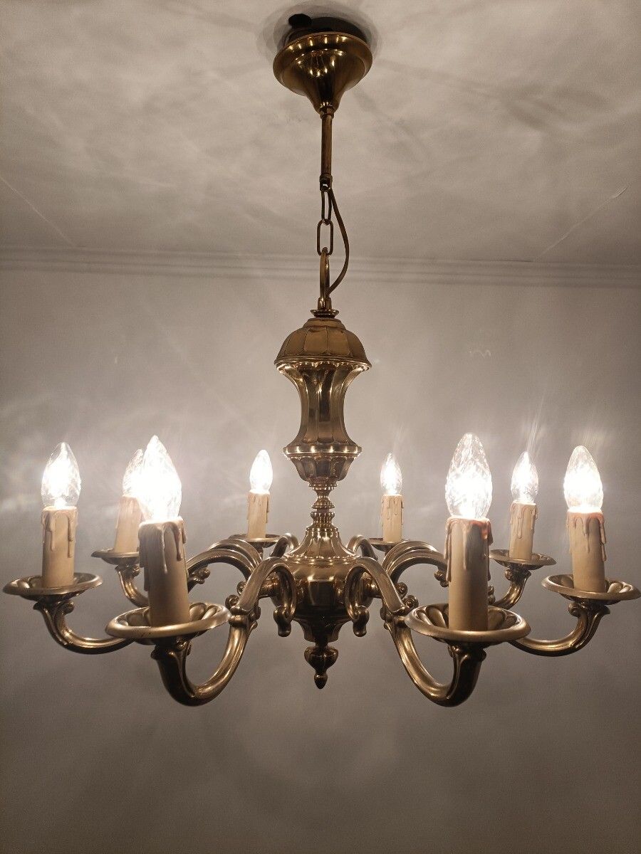 photo for sale Vintage Brass Chandelier Fixture Ceiling Light 8 Arms Ornate 70s