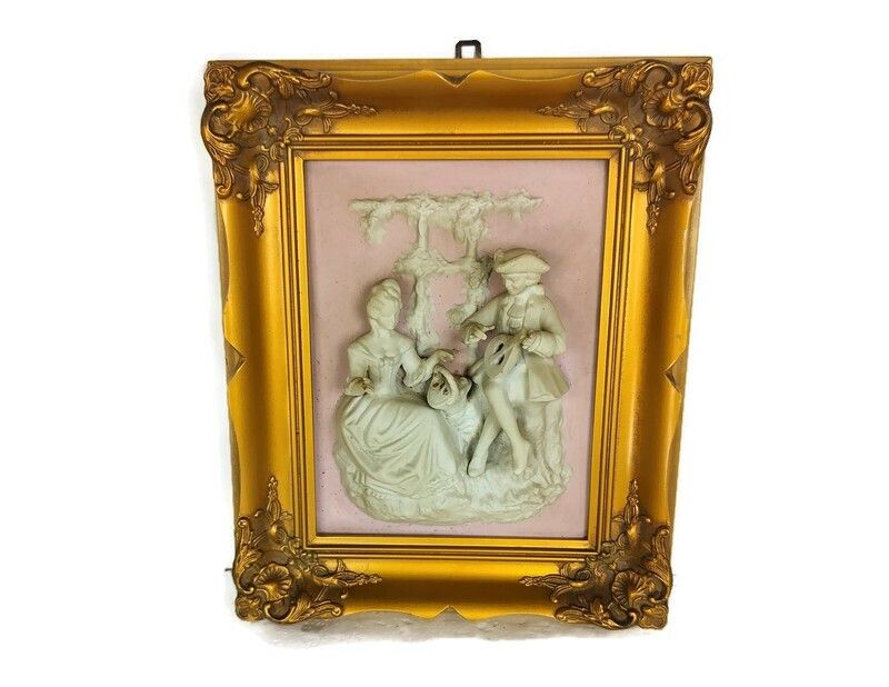Vintage Wall Hanging Porcelain Art Scene Framed Meissen Germany 3d Bas Relief