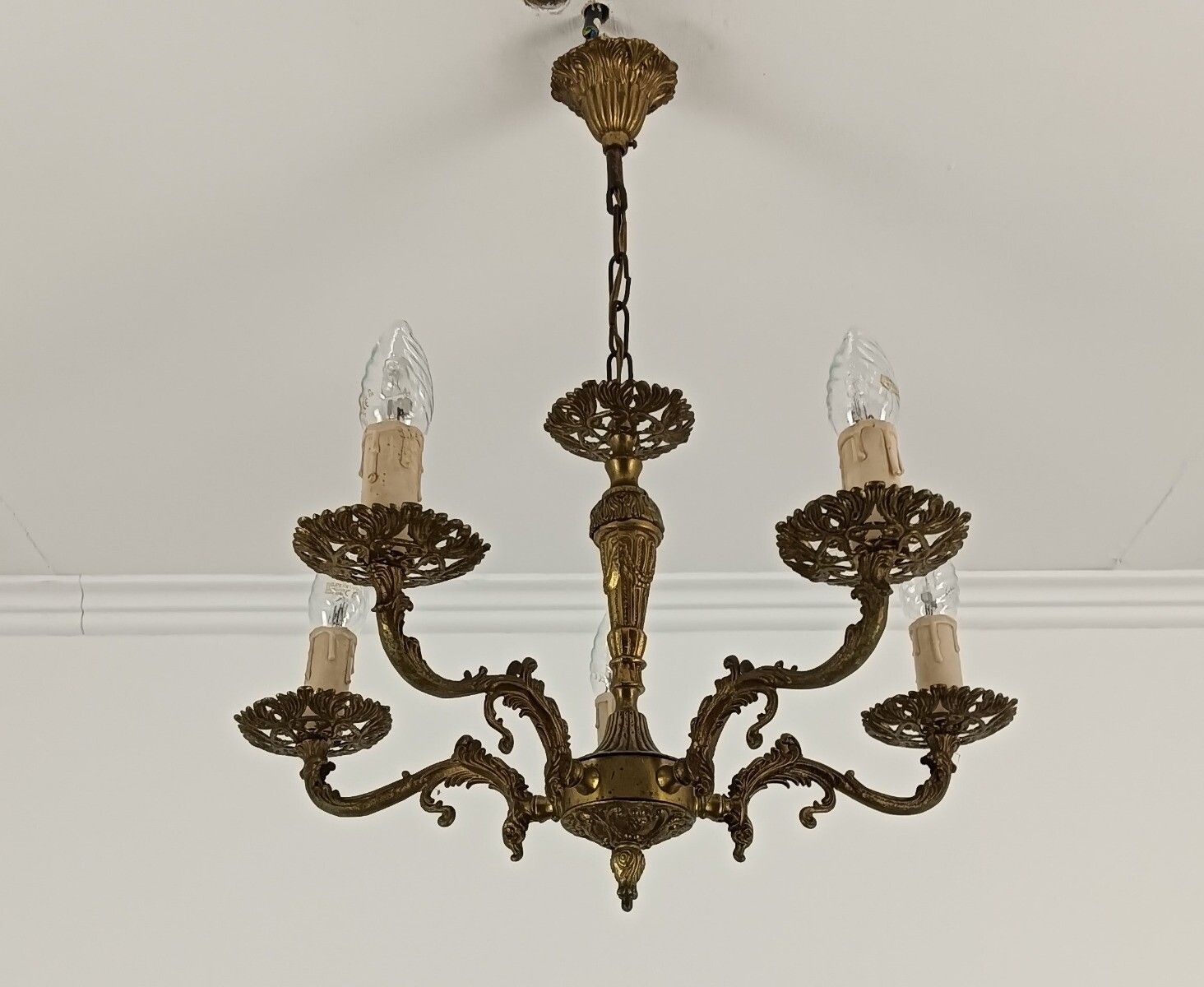 Small Vintage Ornate Brass Chandelier Modernist 5 Lights Fixture photo Lighting
