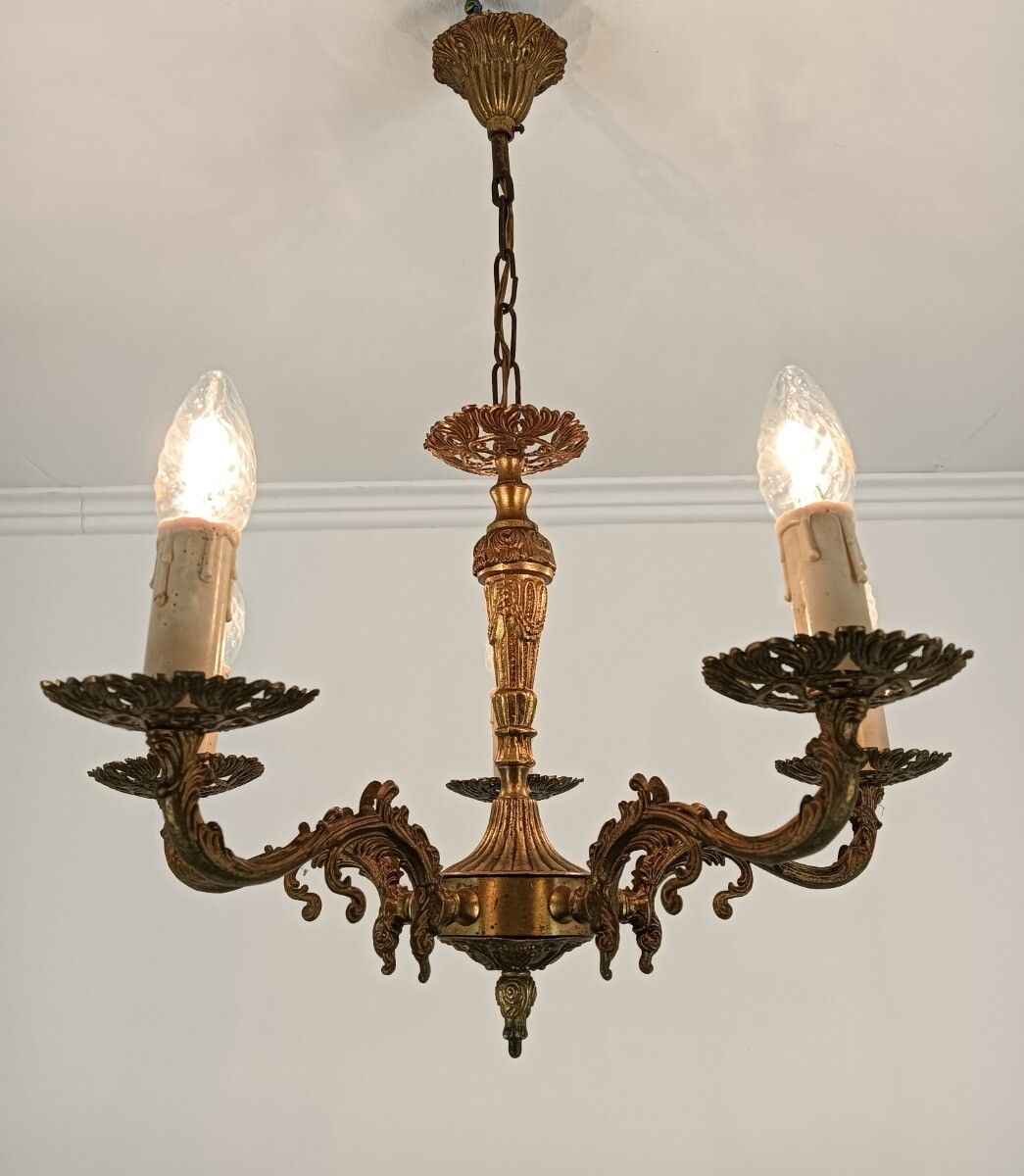 Small Vintage Ornate Brass Chandelier Modernist 5 Lights Fixture photo 202.0