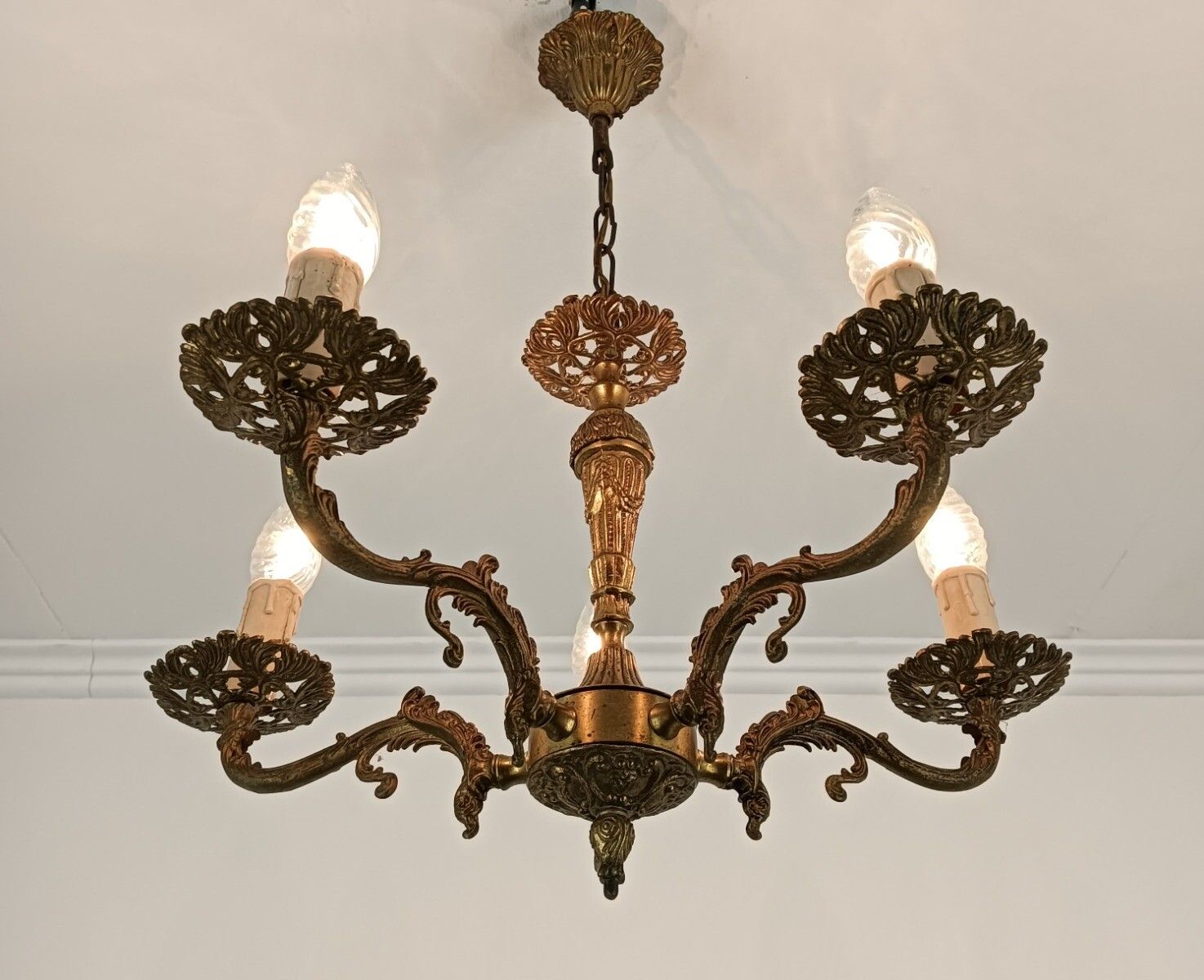 Small Vintage Ornate Brass Chandelier Modernist 5 Lights Fixture photo vinterior