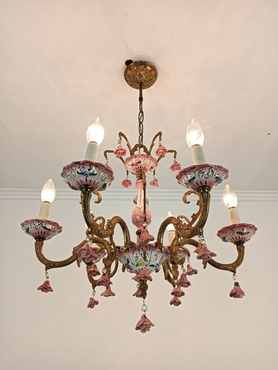 Chandelier Romantic Vintage Porcelain Small Pink Flowers 6 Lights Arm Italy photo furniture