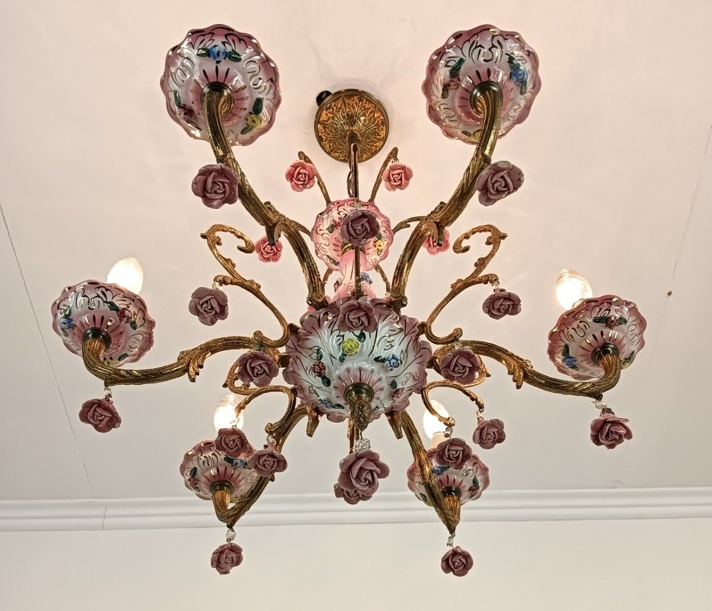 Chandelier Romantic Vintage Porcelain Small Pink Flowers 6 Lights Arm Italy photo buy