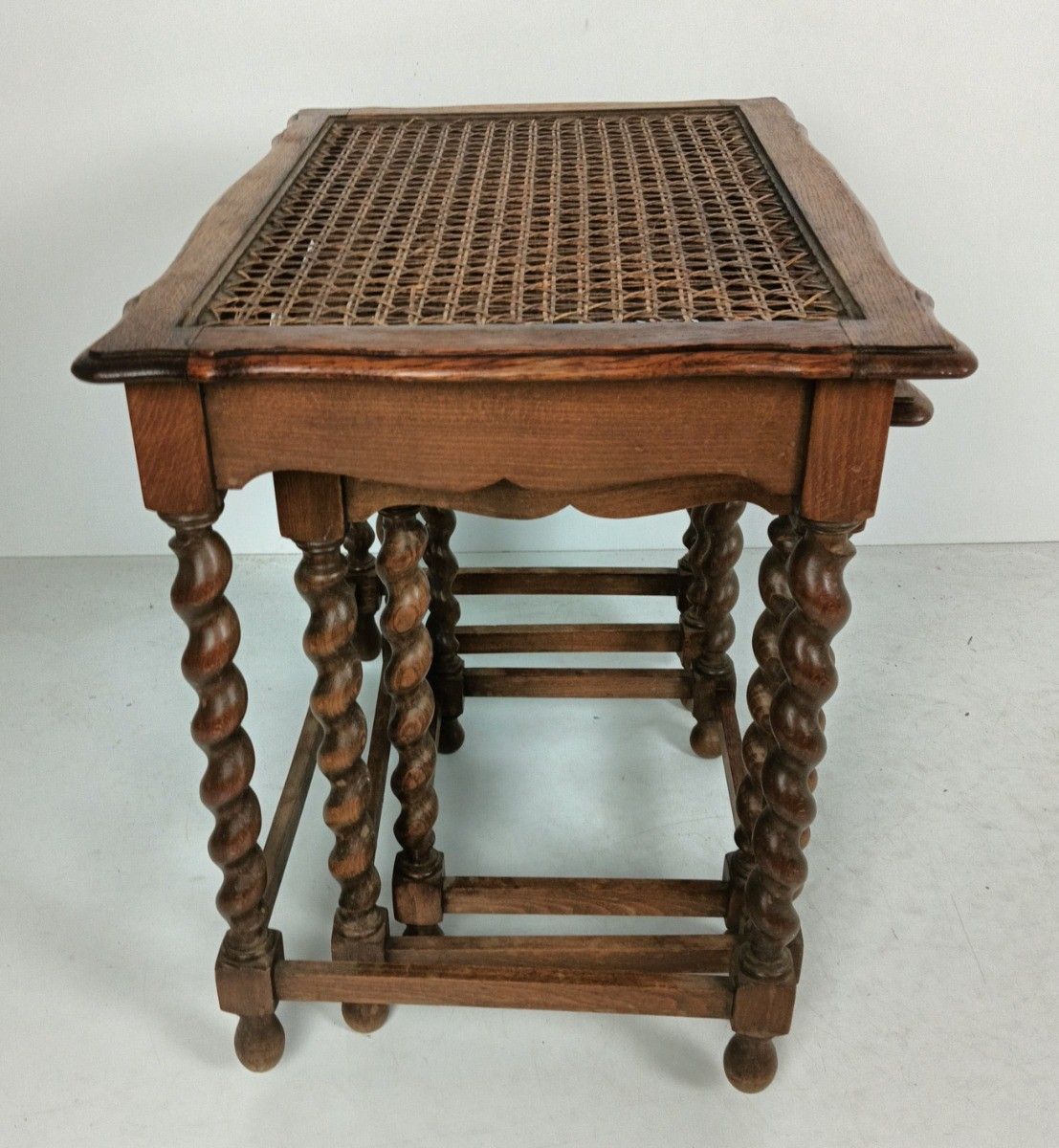 Set Of 3 Barley Twist Wooden Nesting Stacking Side Tables Rush Tops Barn Country photo furniture