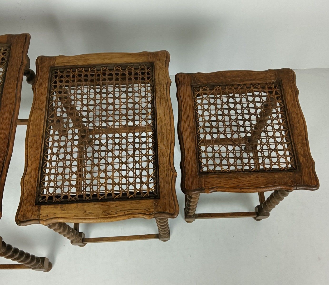 Set Of 3 Barley Twist Wooden Nesting Stacking Side Tables Rush Tops Barn Country photo Furniture
