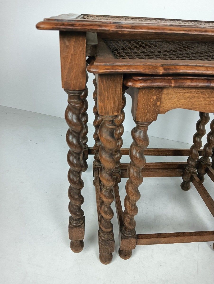 Set Of 3 Barley Twist Wooden Nesting Stacking Side Tables Rush Tops Barn Country photo vinterior