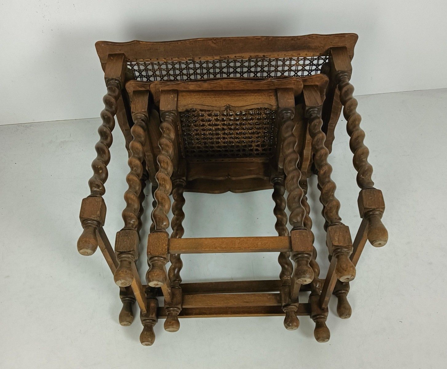 Set Of 3 Barley Twist Wooden Nesting Stacking Side Tables Rush Tops Barn Country photo vintage