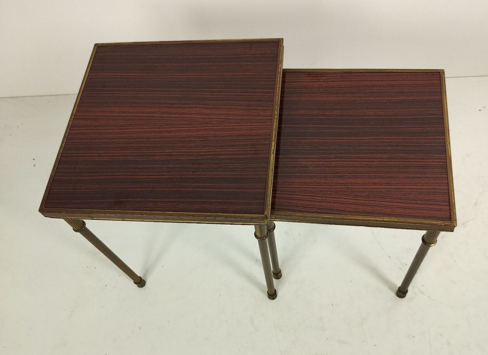 photo furniture 2 Modernist Nesting Stacking Coffee Side Tables Brown Veneer Brass Legs Mid Cent