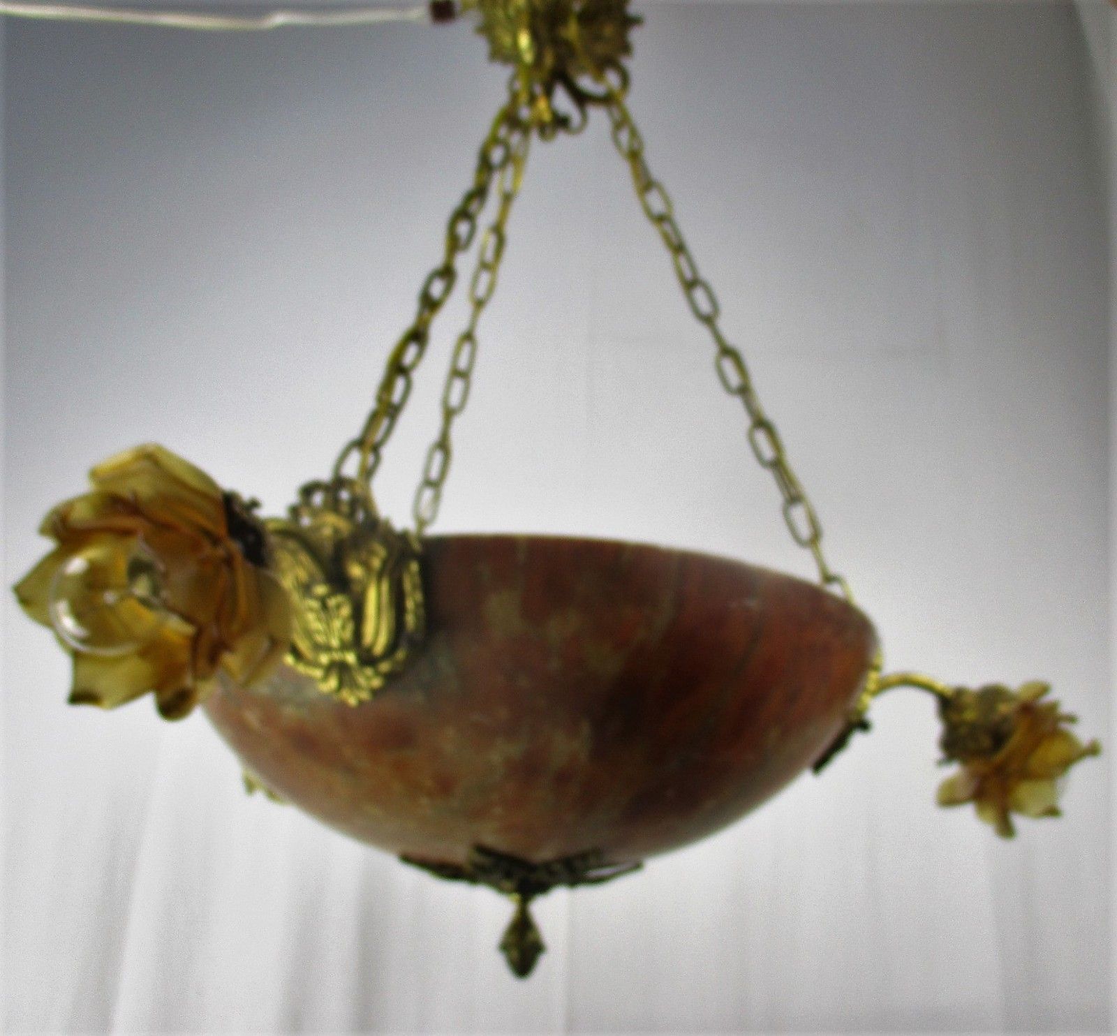 Art Nouveau Pendant Chandelier Alabaster Amber Flower Shades 4 Lights Ormolu photo for sale