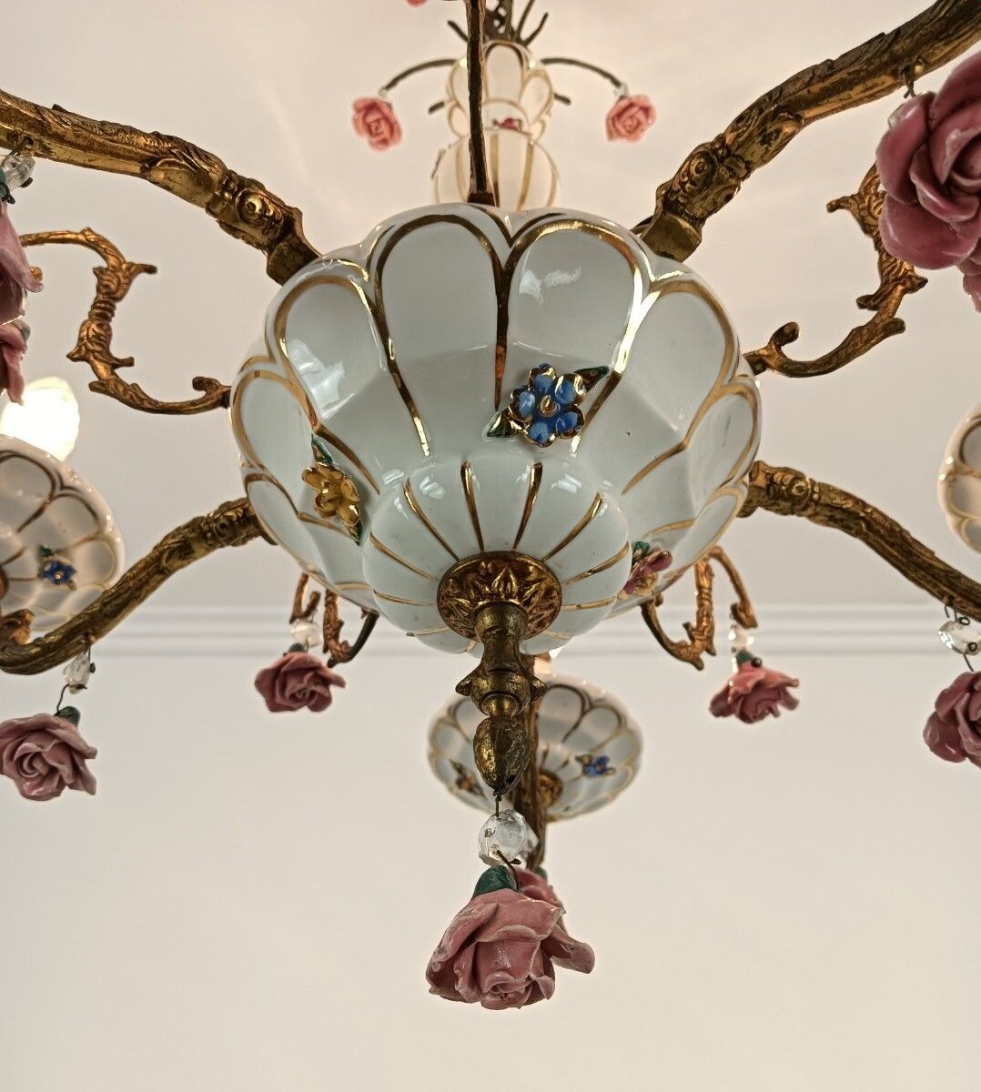 Italian Porcelain Brass Chandelier White Pink Small Flowers 6 Lights Arm Vintage photo for sale