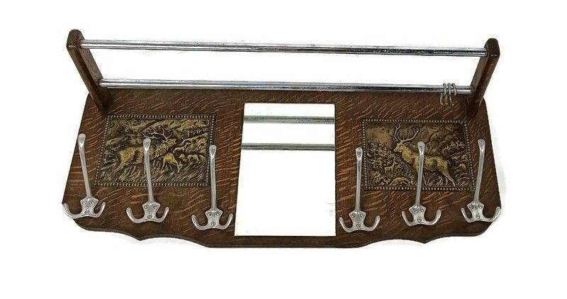 Vintage Modernist Wooden Coat Hat Rack Brass Plaques Trim Deer Railroad Rack