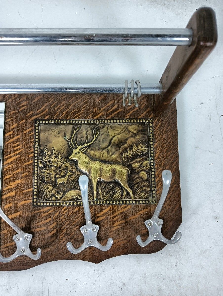 Vintage Modernist Wooden Coat Hat Rack Brass Plaques Trim Deer Railroad Rack photo Furniture