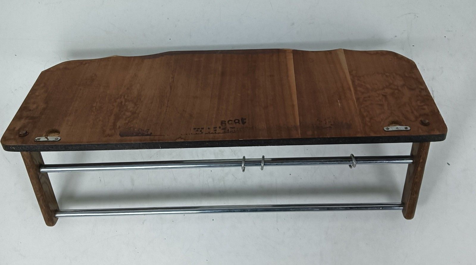 Vintage Modernist Wooden Coat Hat Rack Brass Plaques Trim Deer Railroad Rack photo vinterior