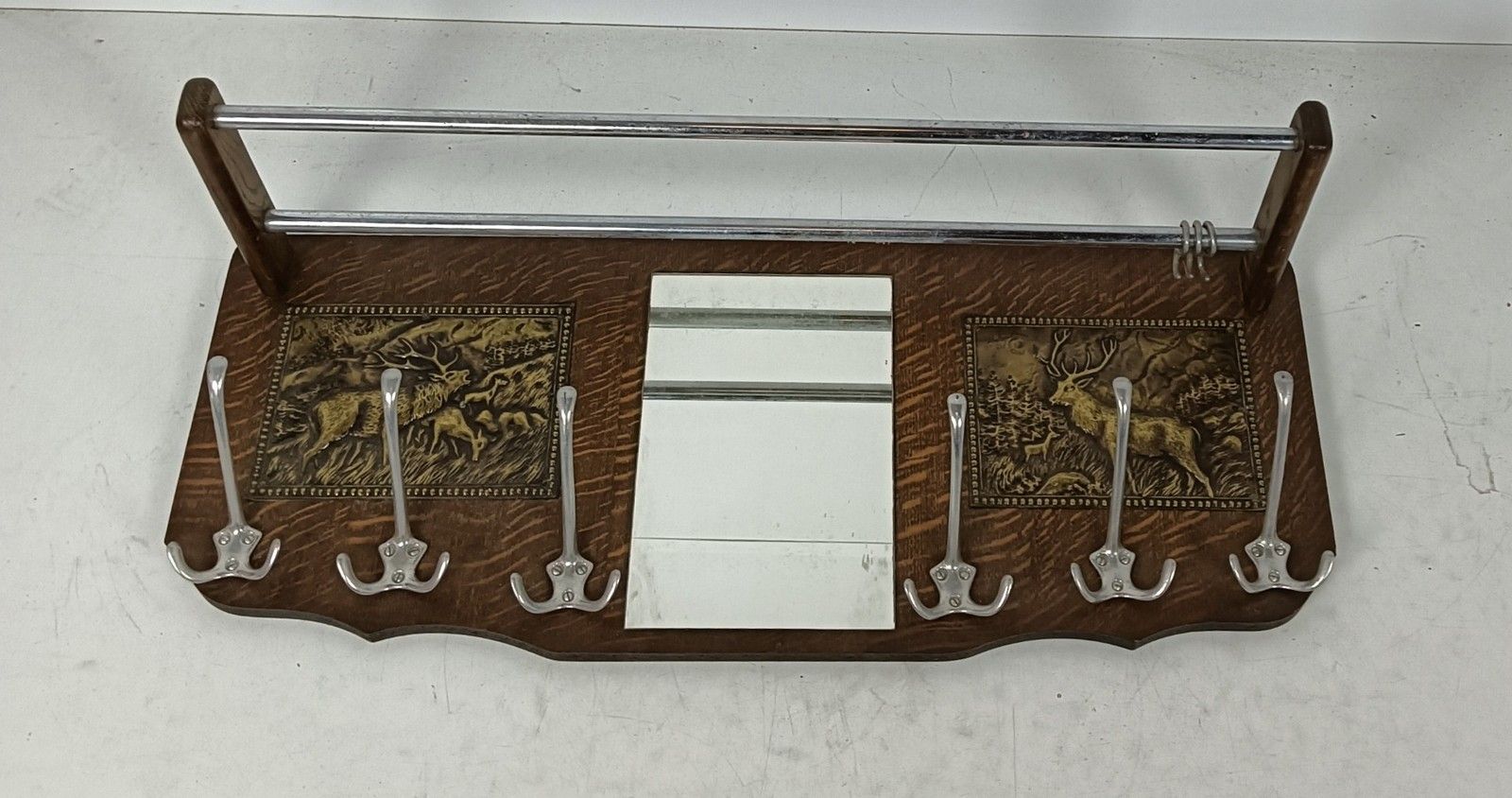 Vintage Modernist Wooden Coat Hat Rack Brass Plaques Trim Deer Railroad Rack photo buy