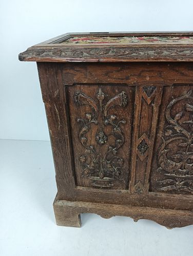 Antique 19th Century Ornate Carved Wooden Box Chest Trunk Tapestry Stunning Wow photo Home Decor
