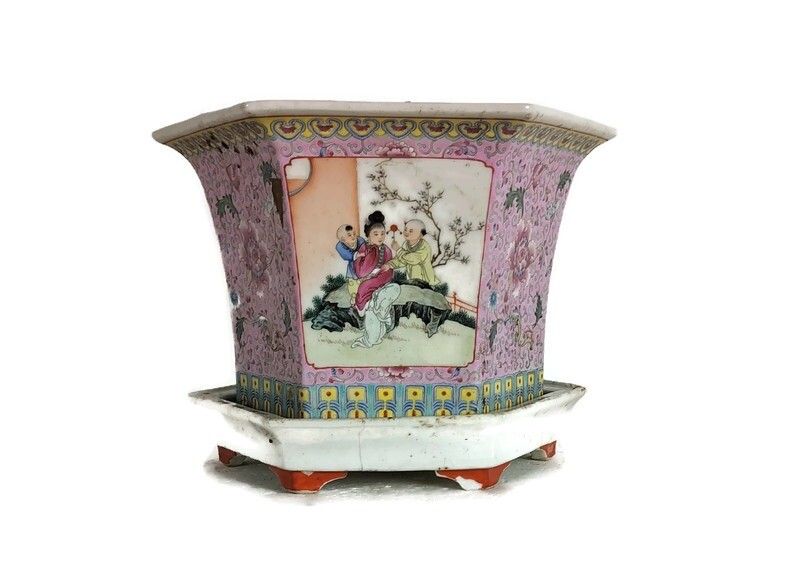Hexagon Chinese Vintage Indoor Planter Cachepot With Dish Family Rose Hand Paint