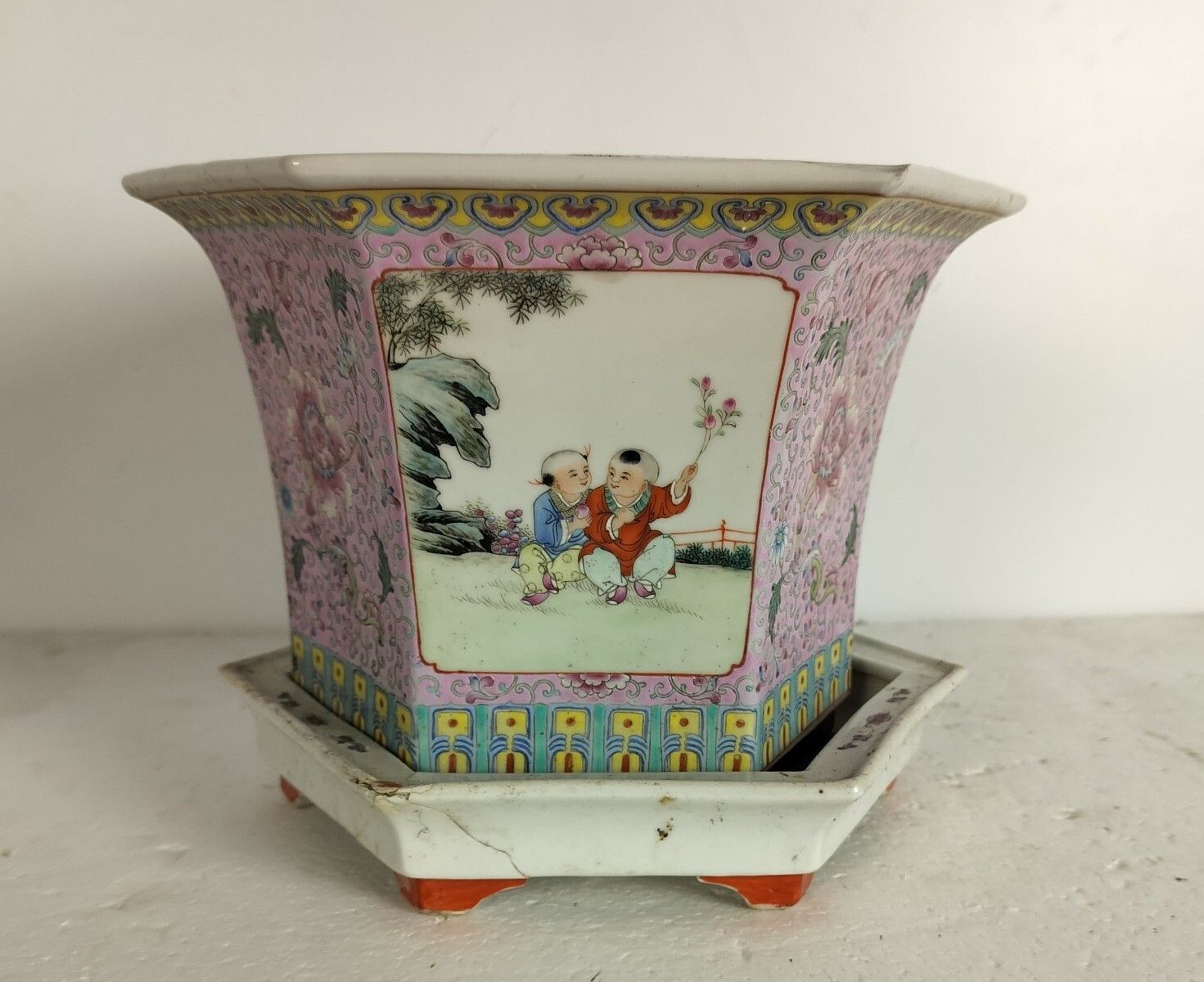 Hexagon Chinese Vintage Indoor Planter Cachepot With Dish Family Rose Hand Paint photo for sale