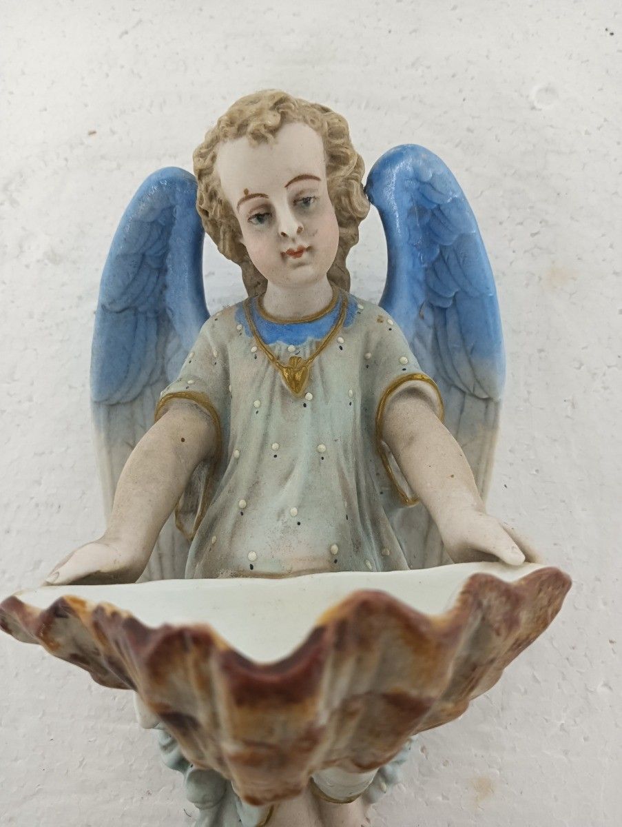 Large Holy Water Font Vessel Antique Marked M&L Angel Wall Hanging Christianity photo Art
