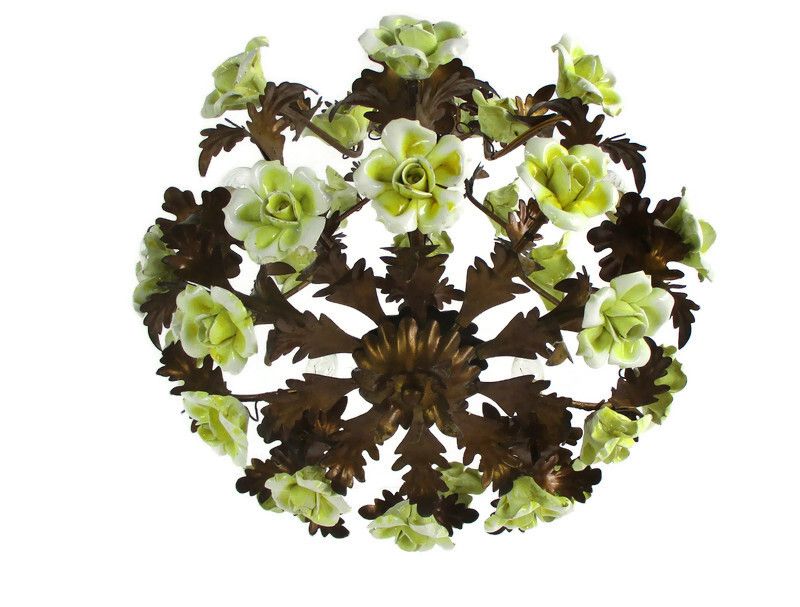 Italian Chandelier 5 Arm Lights Ornate Faux Brass Porcelain Flowers  Wow