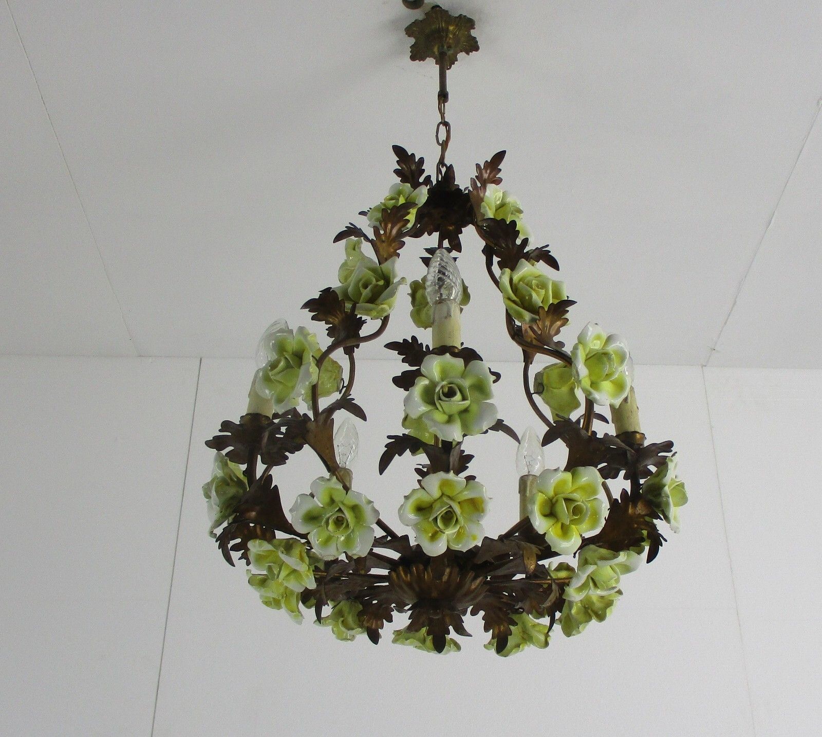 Italian Chandelier 5 Arm Lights Ornate Faux Brass Porcelain Flowers  Wow photo Lighting