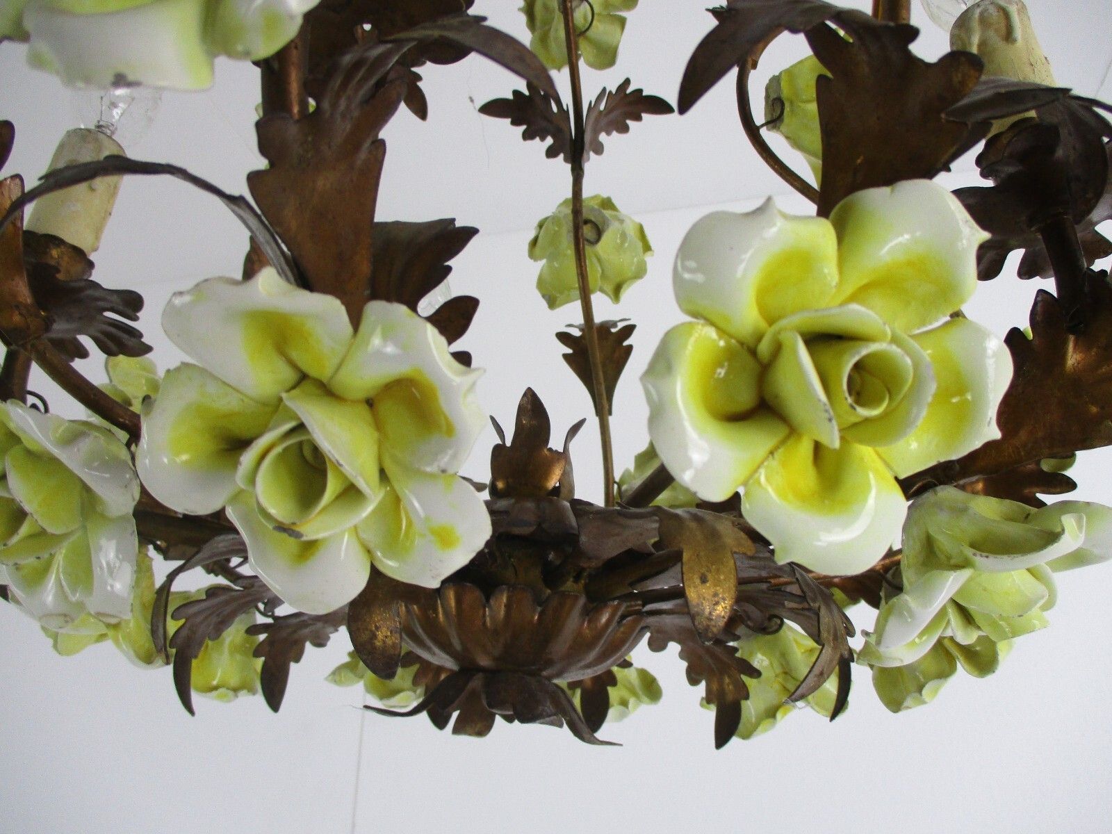 Italian Chandelier 5 Arm Lights Ornate Faux Brass Porcelain Flowers  Wow photo vintage