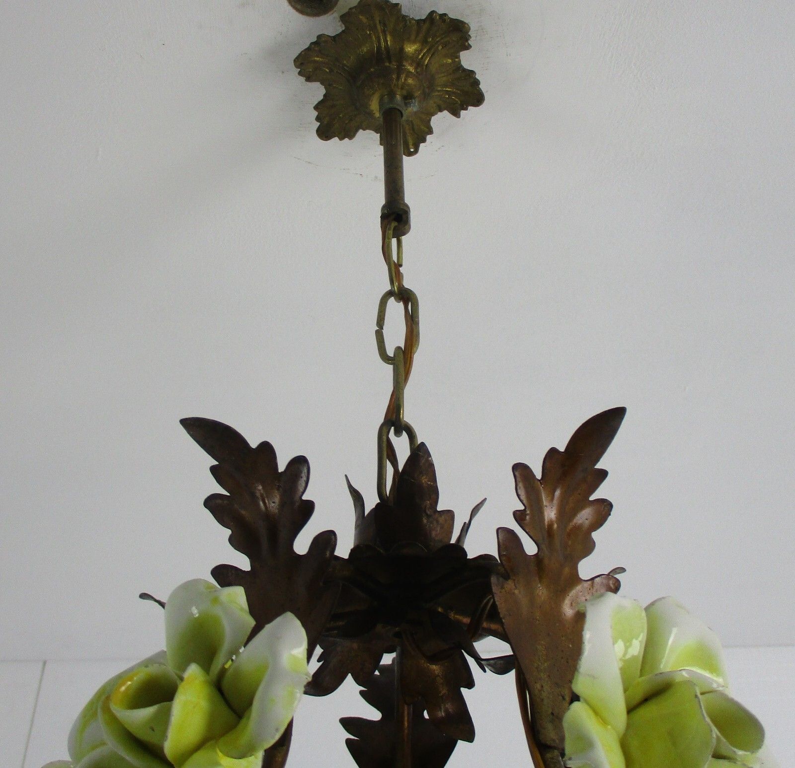 photo for sale Italian Chandelier 5 Arm Lights Ornate Faux Brass Porcelain Flowers  Wow