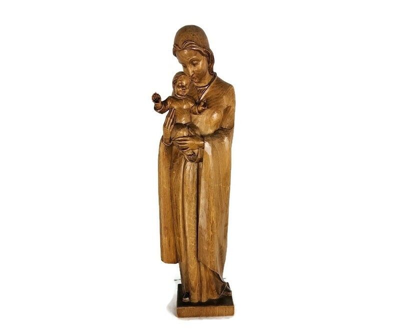 Large Vintage Hand Carved Wood Wooden Statue Oberammergau Virgin Mary Infant Jes
