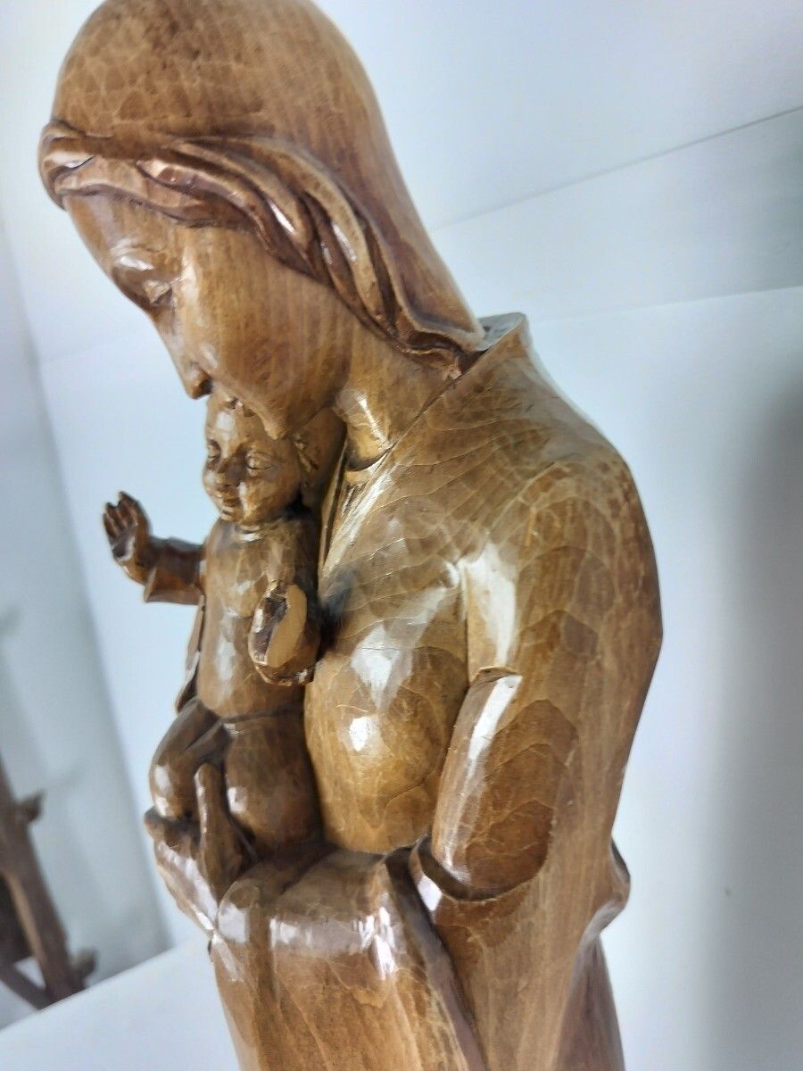 Large Vintage Hand Carved Wood Wooden Statue Oberammergau Virgin Mary Infant Jes photo for sale