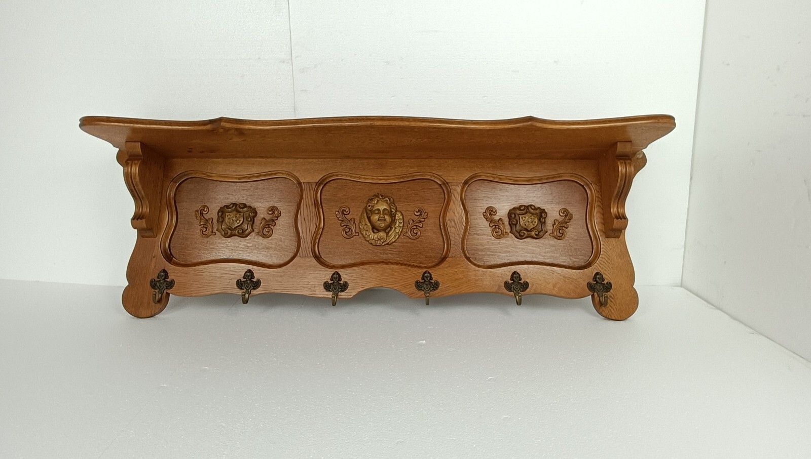 Hand Carved Wood Coat Hat Rack Ornate Breughel Style Faces Shield 30s 40s photo furniture