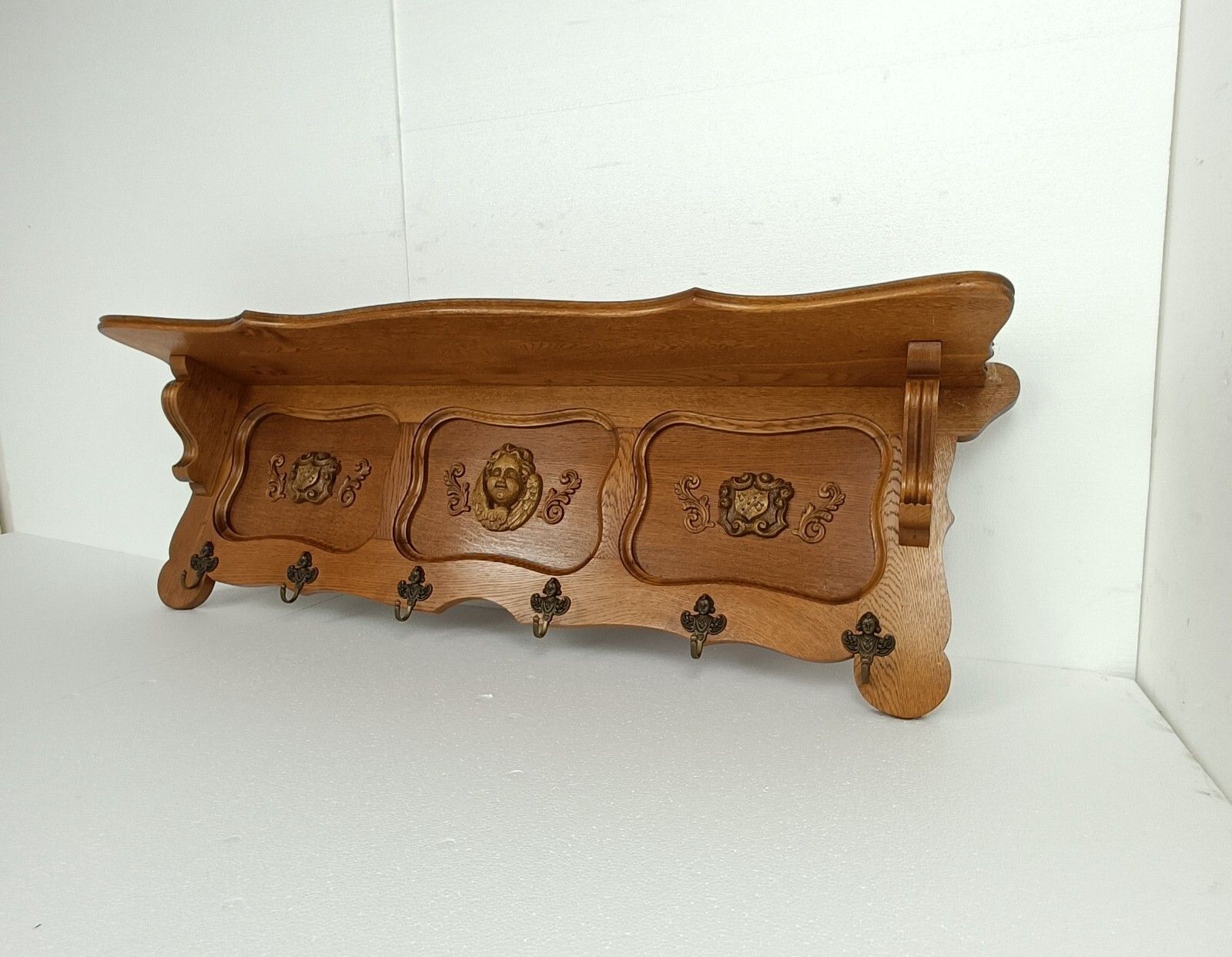 Hand Carved Wood Coat Hat Rack Ornate Breughel Style Faces Shield 30s 40s photo Furniture