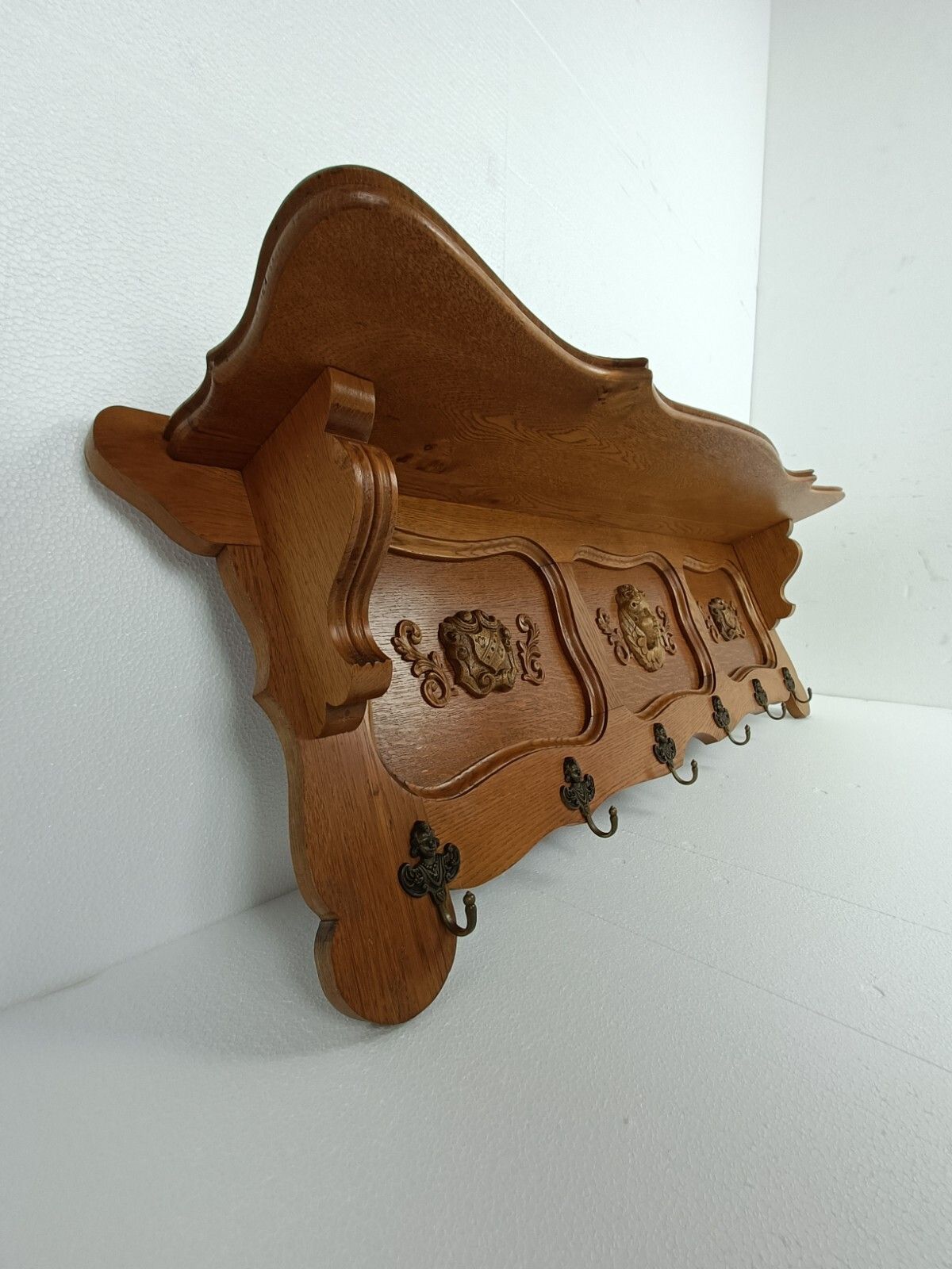 Hand Carved Wood Coat Hat Rack Ornate Breughel Style Faces Shield 30s 40s photo vintage