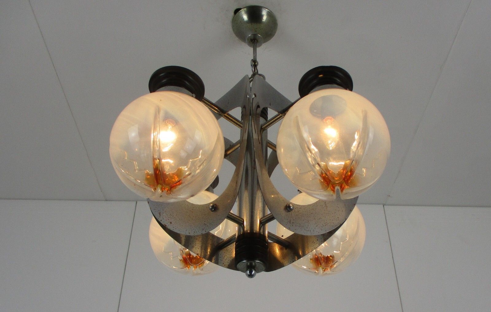 Design Mazzega Murano Chandelier 5 Lights Art Glass Chrome Space Age Italian photo furniture
