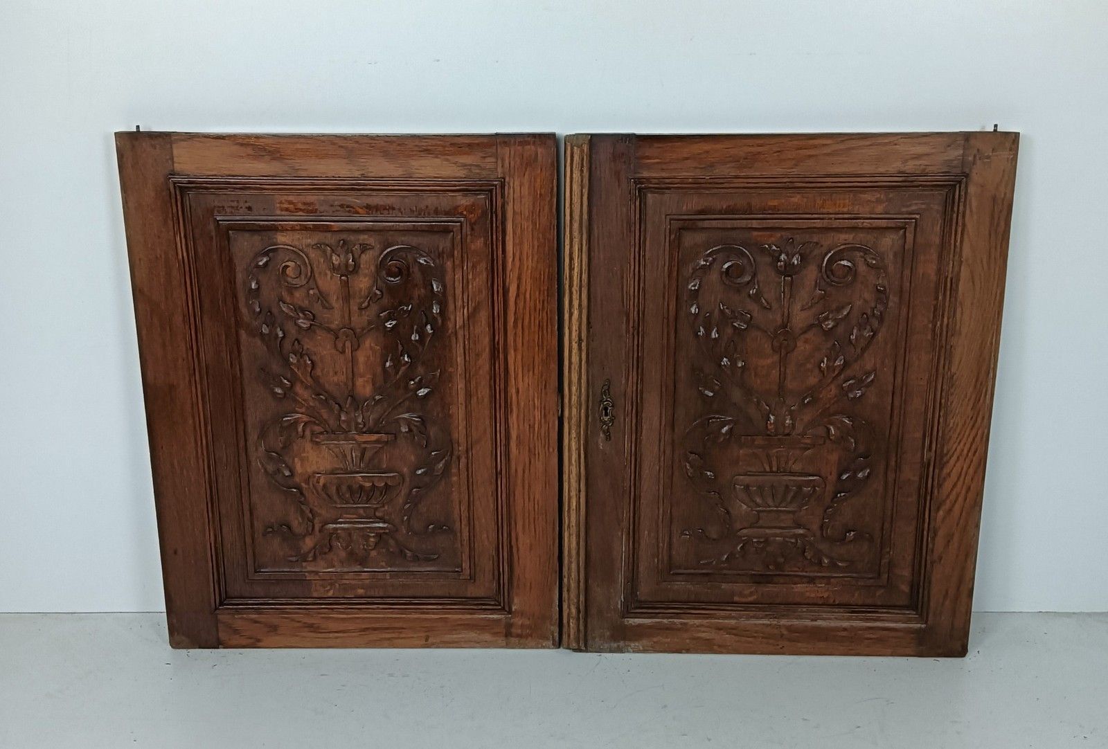 Pair Antique Door Panels Carved Wood  Flowers Baskets Architectural Reclaimed Sa photo furniture