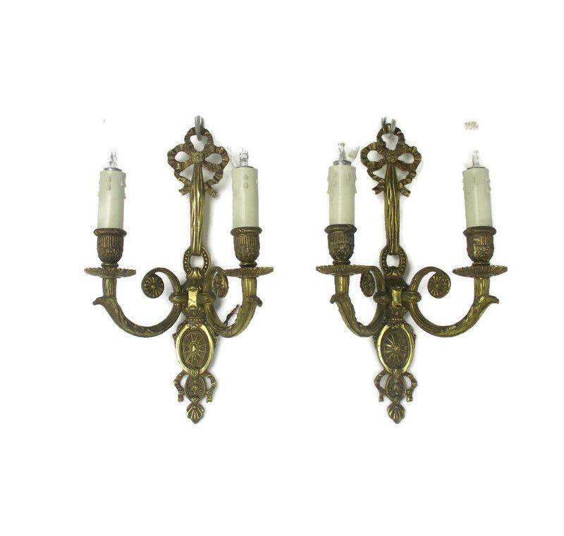 Pair Couple Vintage Ornate  Brass  Two Arm Double Wall Sconces Bows Lovely