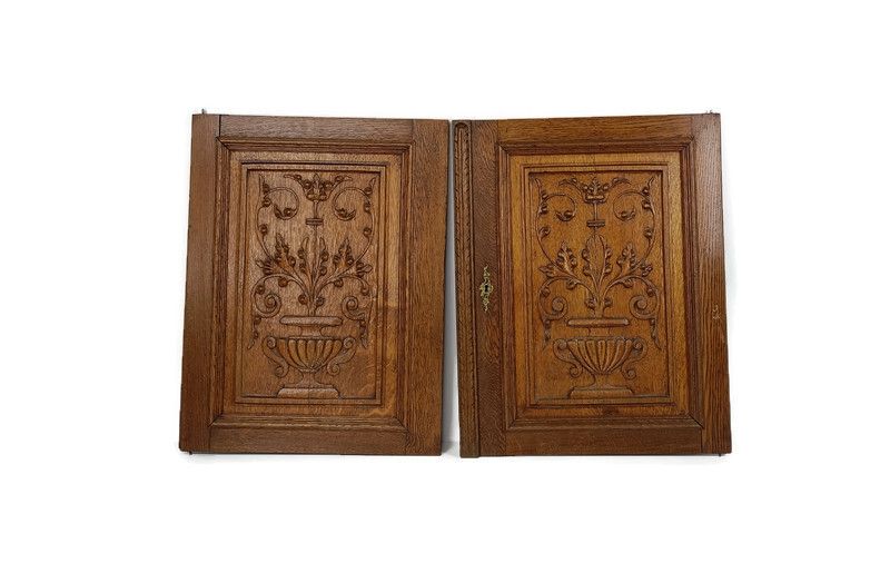 Pair Antique Hand Carved Wood Door Panels Flower Baskets Reclaimed Architectural