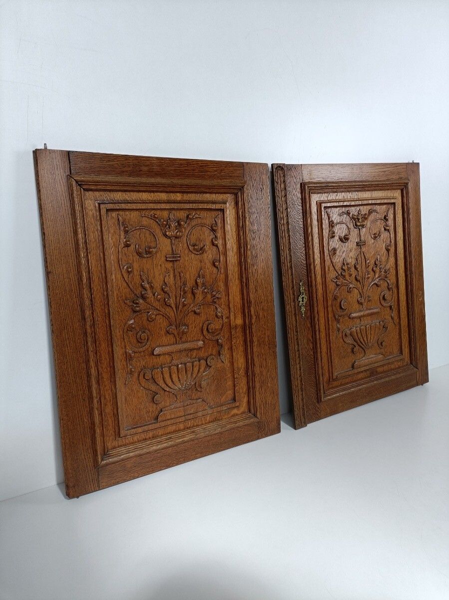 Pair Antique Hand Carved Wood Door Panels Flower Baskets Reclaimed Architectural photo Home Fixtures