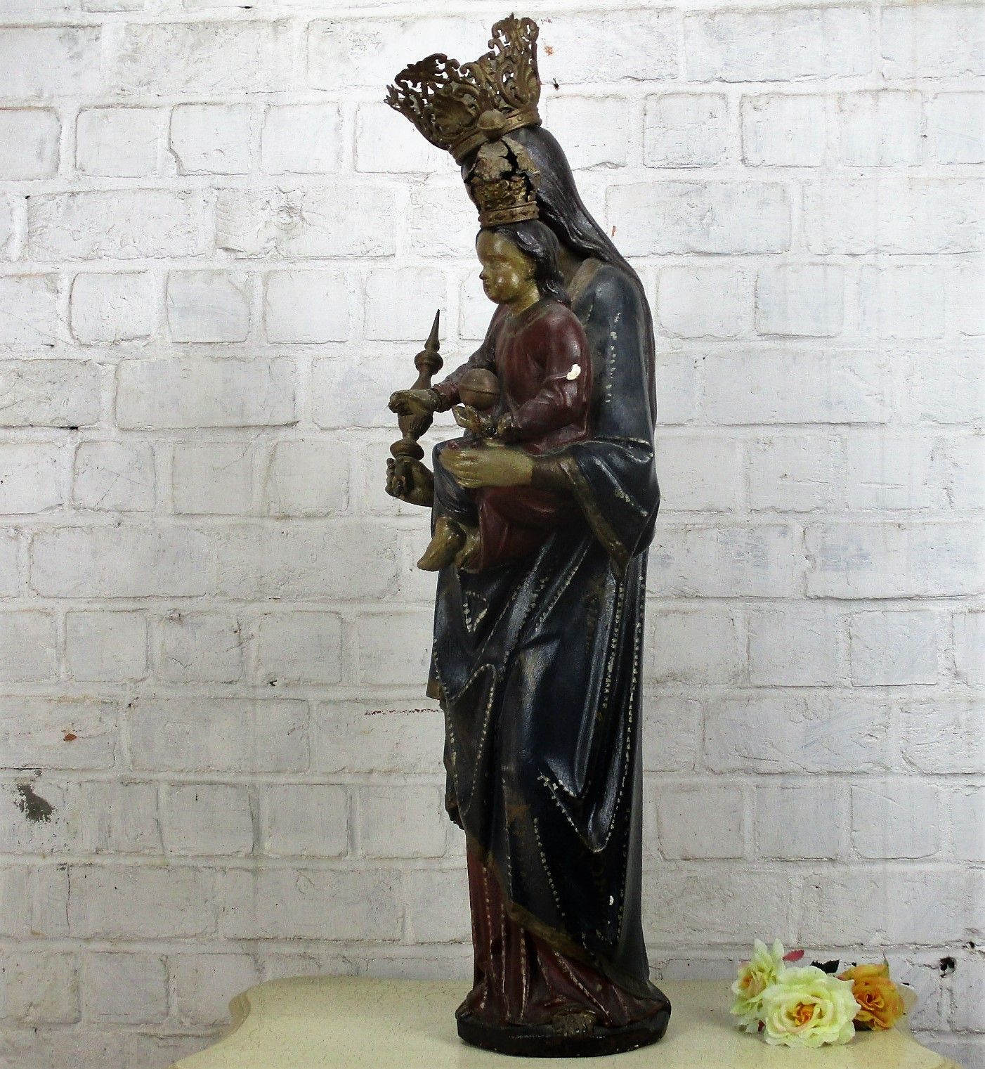 Antique Polychrome Madonna Infant Child Statue Church Plaster Collector 33.85" photo 1300.0