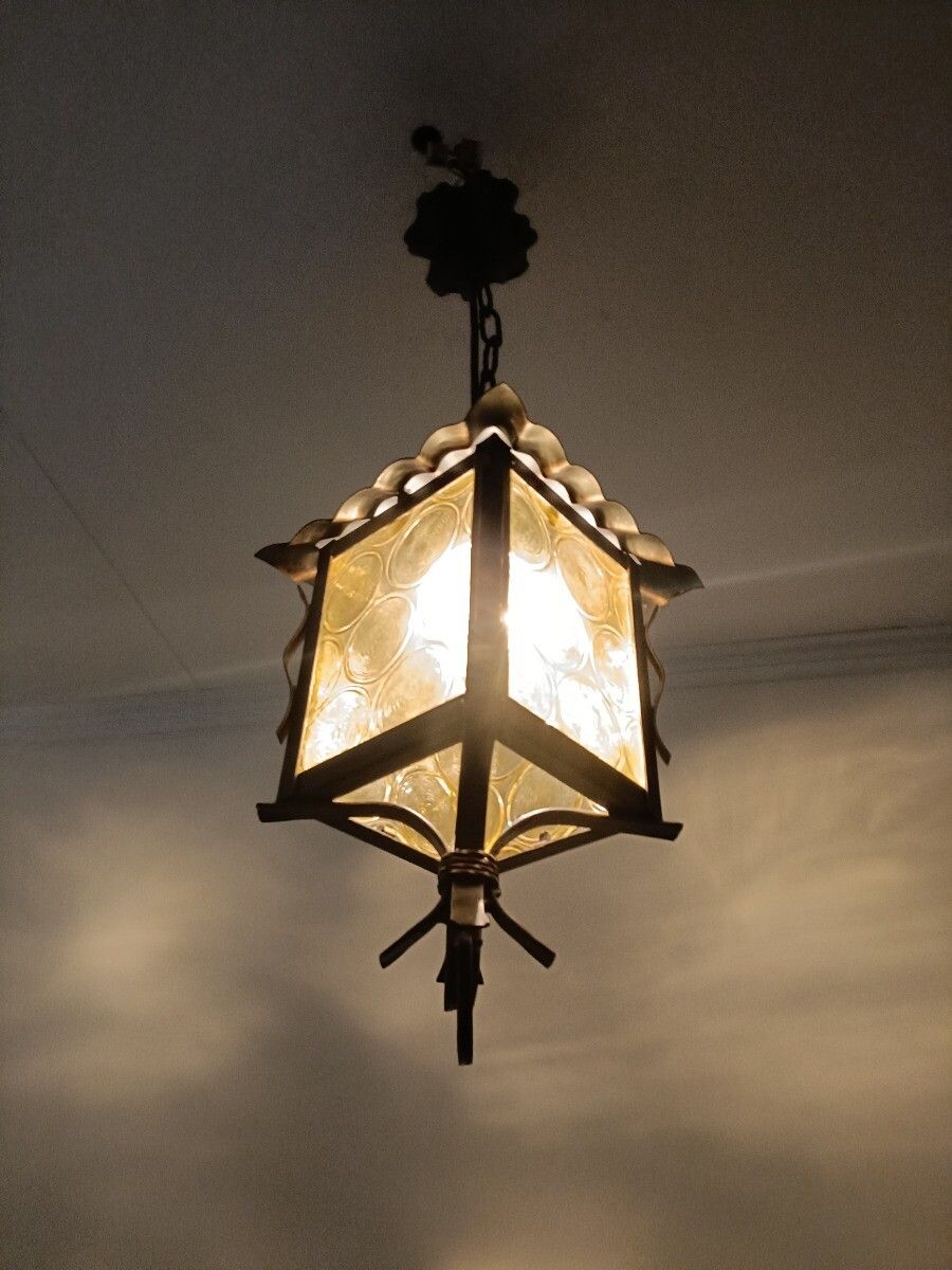 Pendant Lantern Chandelier Amber Art Glass Ceiling Light Brass Beautiful Wrought photo for sale