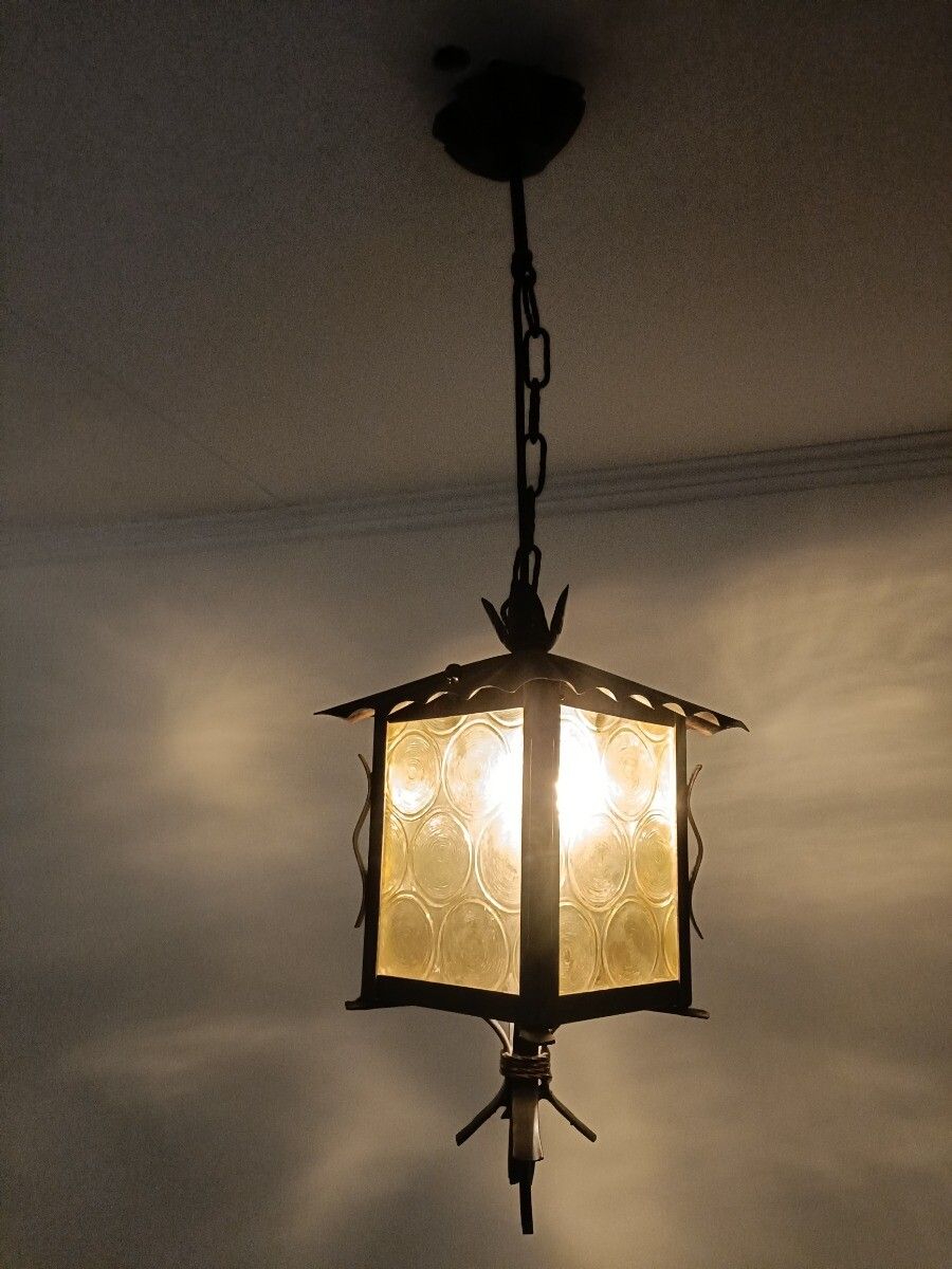photo for sale Pendant Lantern Chandelier Amber Art Glass Ceiling Light Brass Beautiful Wrought