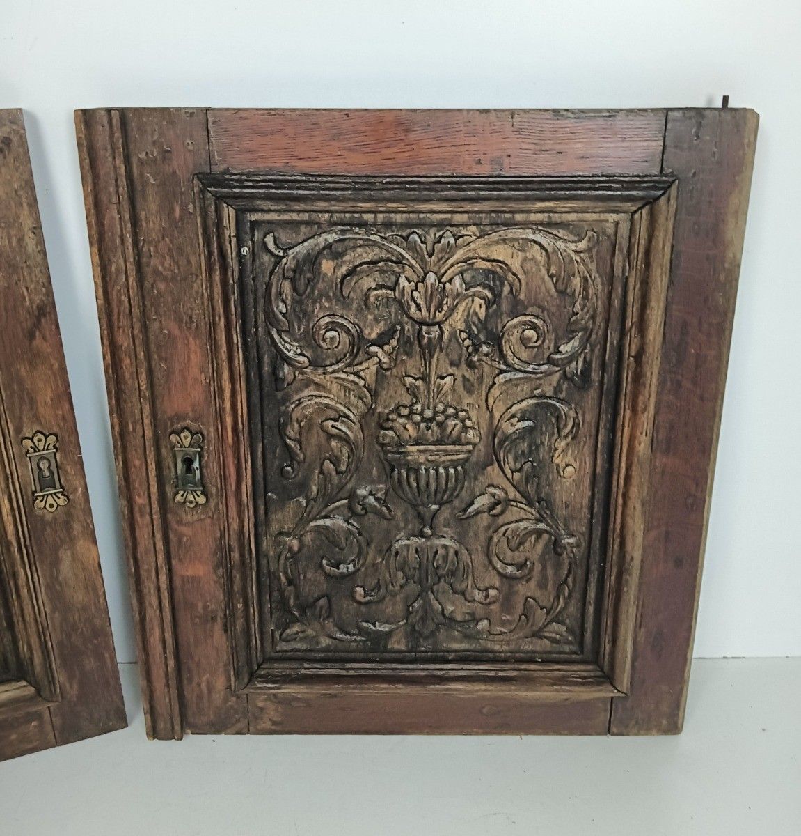 Pair Door Panels Carved Wood Flowers Baskets Architectural Reclaimed Salvaged An photo for sale
