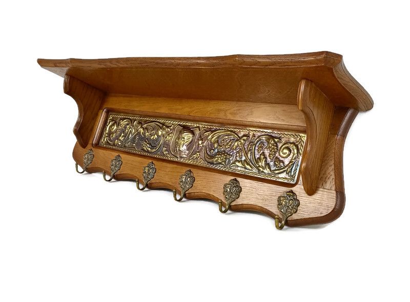 Antique Carved Wooden Coat Hat Rack Kitchen Rack Brass Plaque Grapes Bacchus