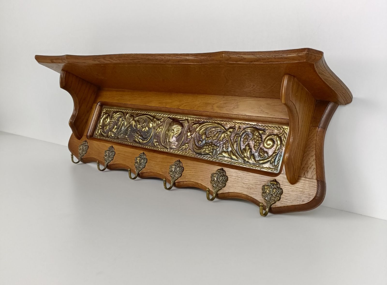 Antique Carved Wooden Coat Hat Rack Kitchen Rack Brass Plaque Grapes Bacchus photo for sale
