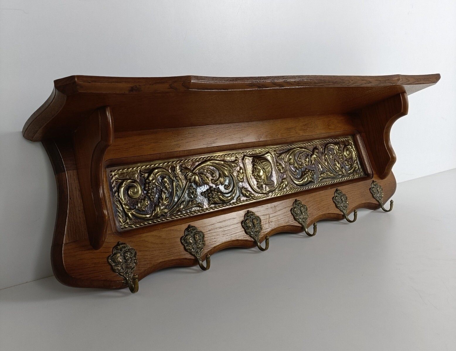 Antique Carved Wooden Coat Hat Rack Kitchen Rack Brass Plaque Grapes Bacchus photo Furniture
