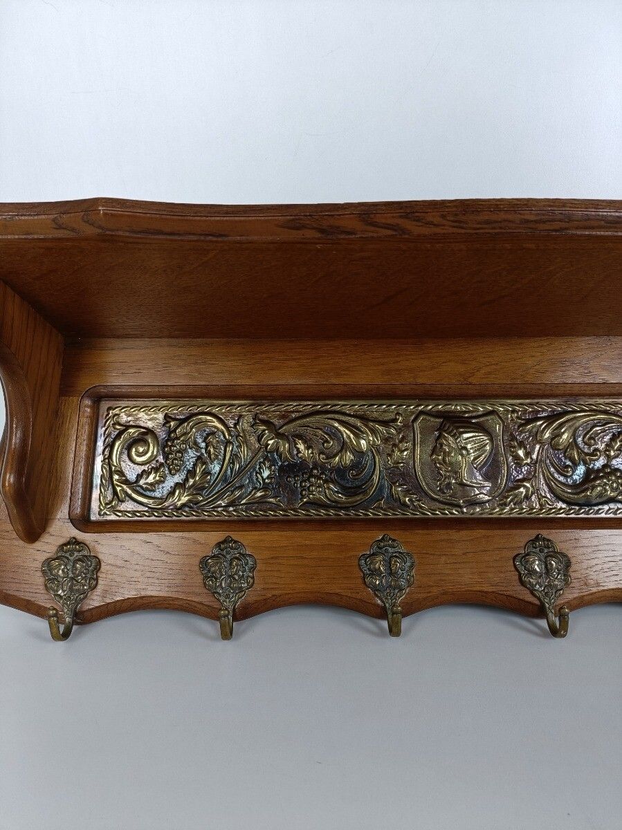 Antique Carved Wooden Coat Hat Rack Kitchen Rack Brass Plaque Grapes Bacchus photo vinterior
